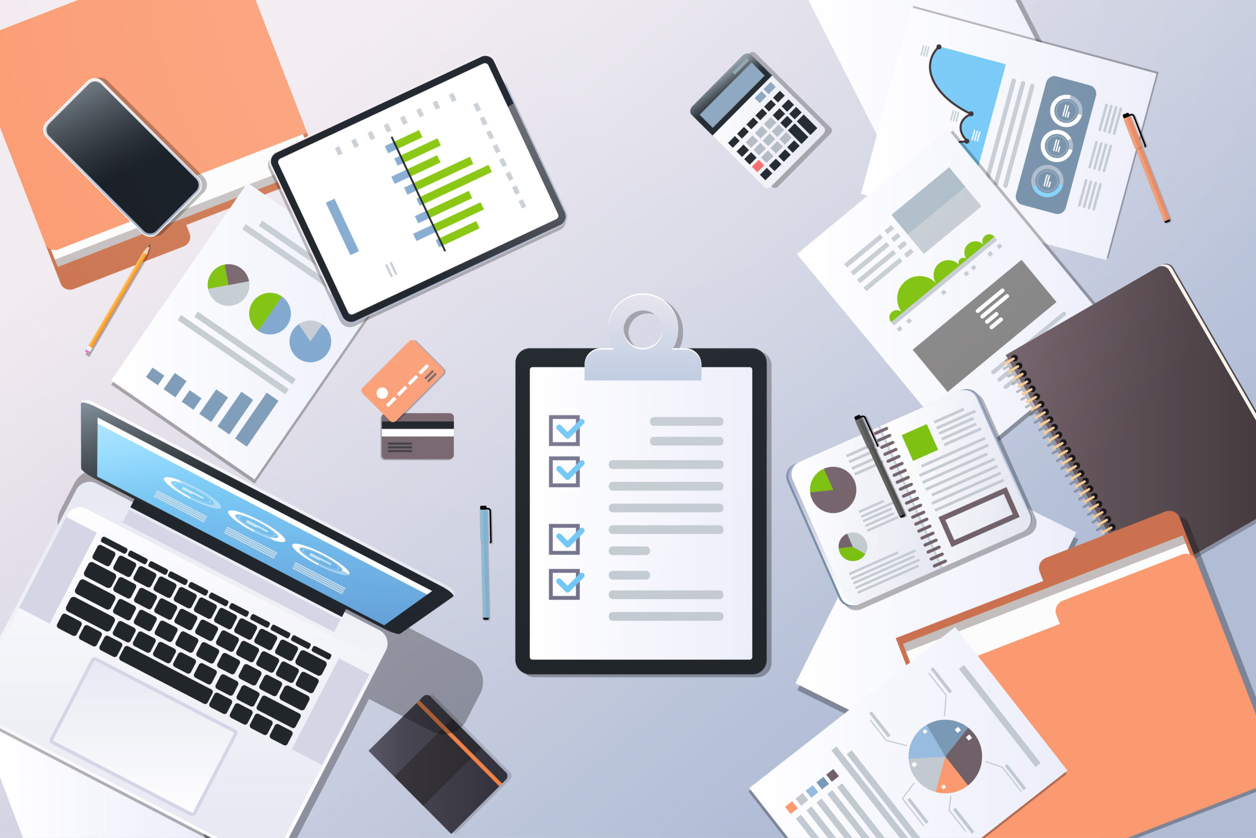 Analysis Financial Graph Business Planning Management Concept Top Angle View Desktop Laptop Smartphone Checklist Paper Documents Report Office Stuff Horizontal