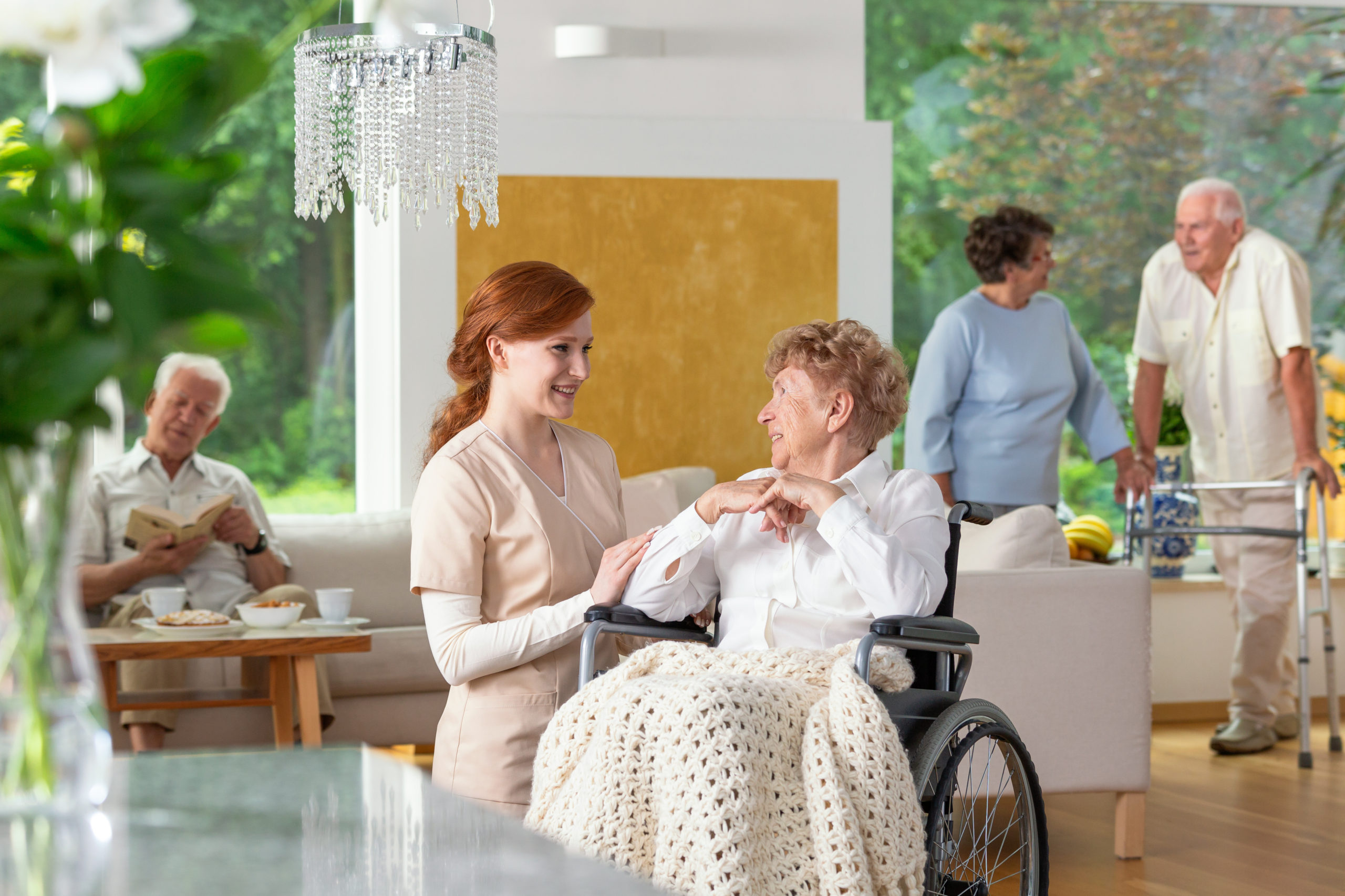 Seniors In A Luxury Living Room Of A Private Retirement Home. Tender Caregiver By An Elderly Lady In A Wheelchair In The Foreground.
